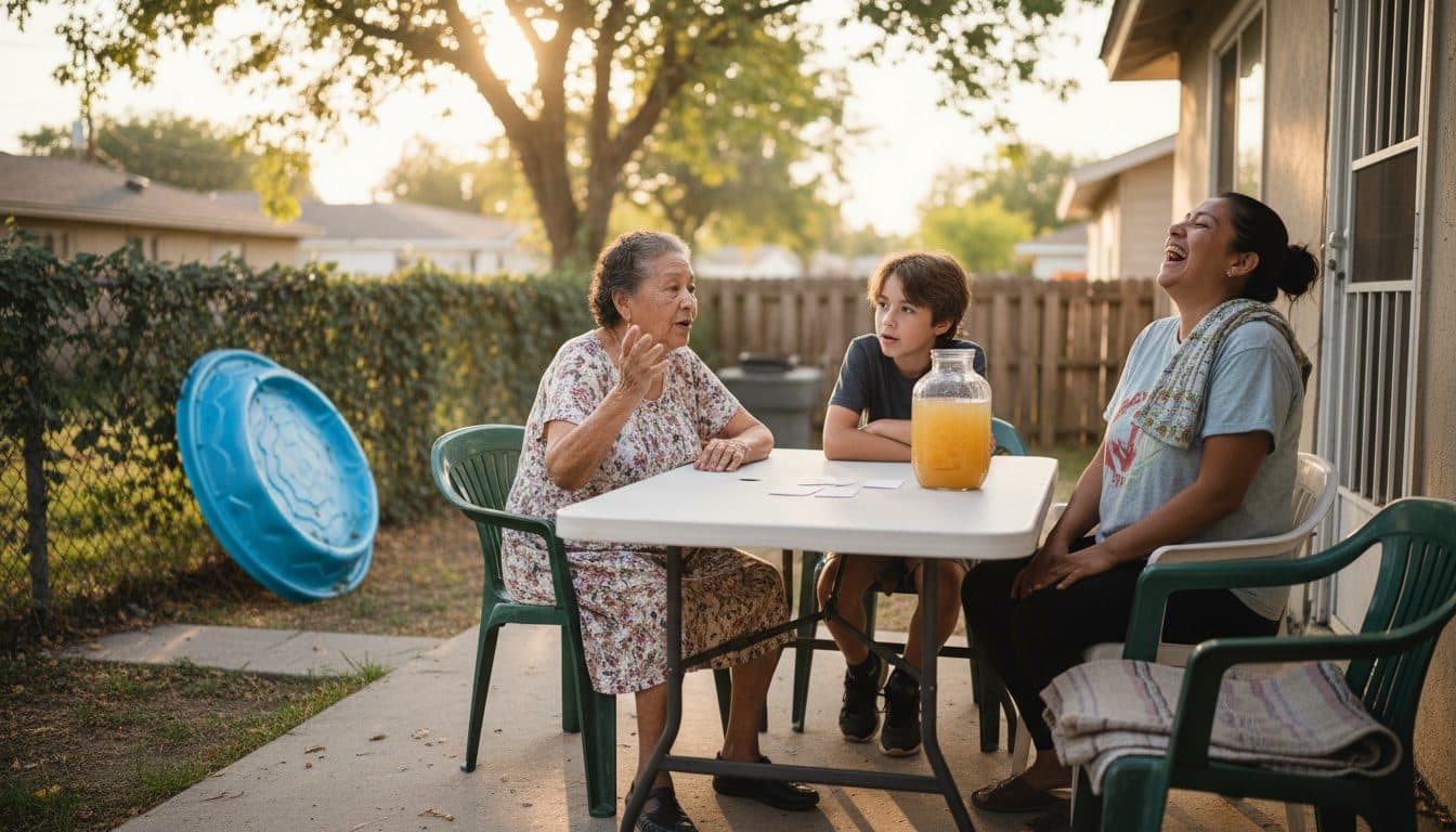Tres generaciones de una familia latina sentadas alrededor de una mesa plegable en el patio trasero de una casa en Estados Unidos, la abuela contando algo y un niño escuchando con atención