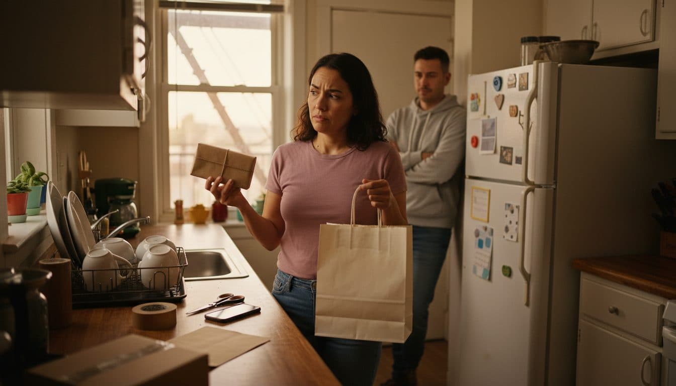 Una mujer frente al mesón de la cocina compara una caja envuelta y una bolsa de regalo vacía, sin decidirse, mientras su pareja se encoge de hombros desde la puerta